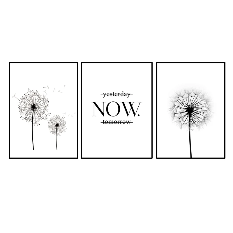 

Yesterday Now Tomorrow Motivational Quote Poster Wall Art Print Minimalist Black White Dandelion Prints Picture Decor FG0109