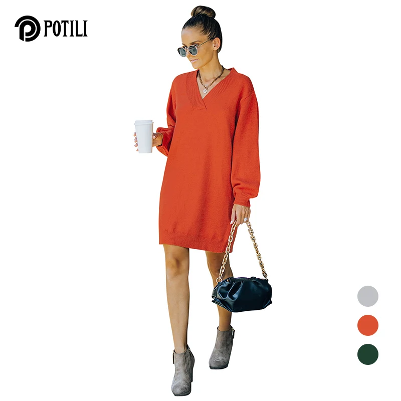 

POTILI Long Sleeve Dress Knitted V Neck Solid Women Clothes Winter Autumn Cotton Above Knee Mini Dresses Gray Orange Outfits