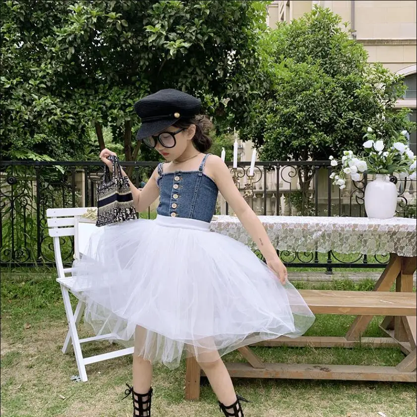 

Лидер продаж, джинсовый топ на бретельках для девочек + сетчатая юбка, комплекты из 2 предметов, летняя новая юбка-пачка, детские костюмы, мод...