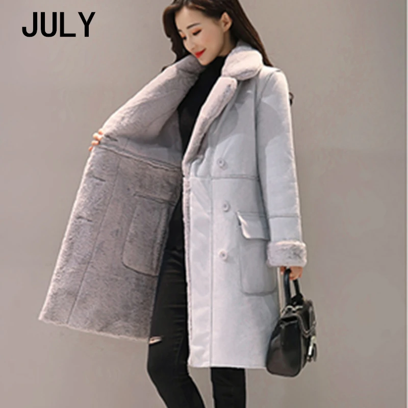 gray JULY/зимние женские шубы из искусственной замши; кожаные куртки; большие размеры; Свободное пальто; куртки средней длины из искусственной кожи; овечья шерсть; пальто; размер XS-2XL - Цвет: gray