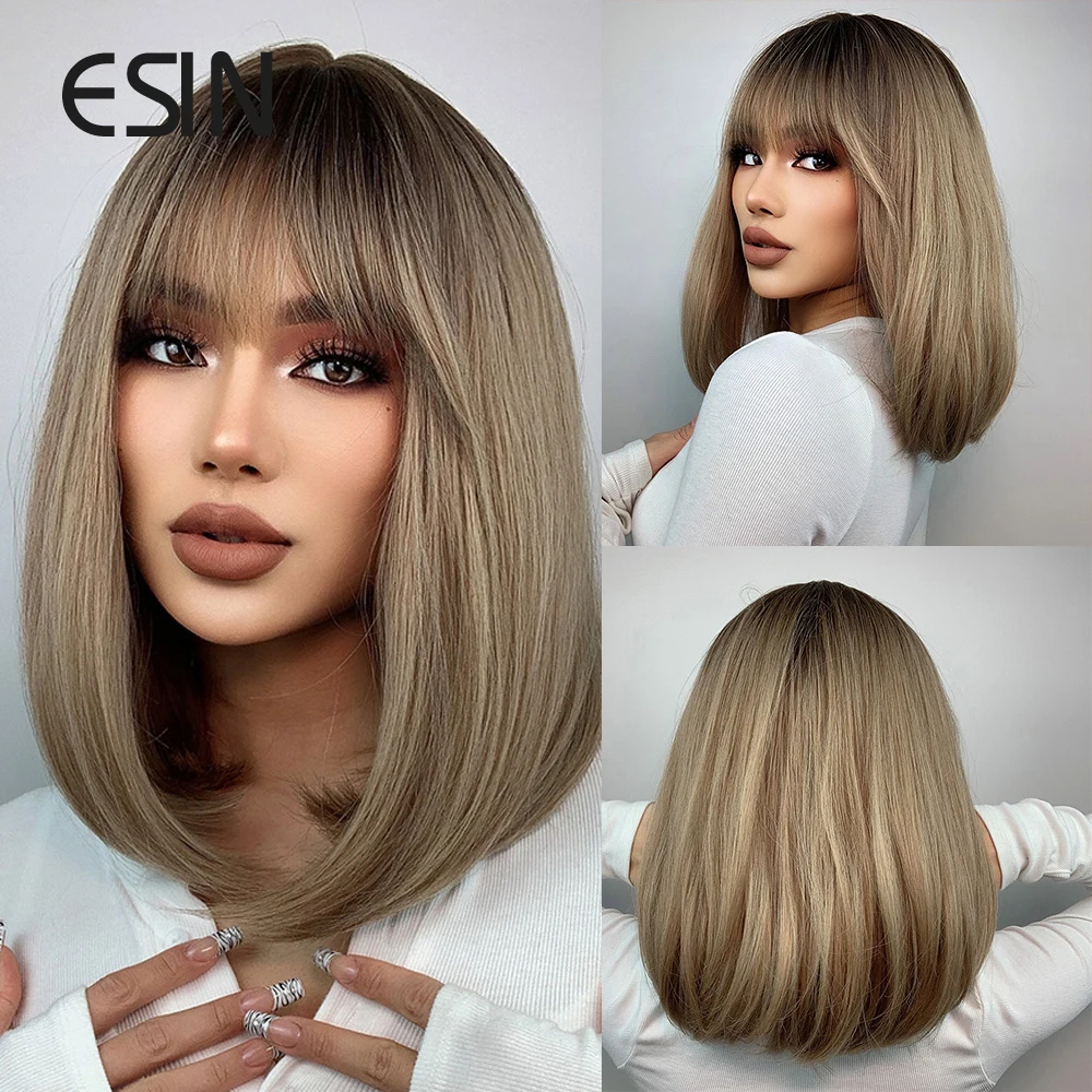 ESIN Synthetic WIgs Bob Blonde Wig With Bangs Medium Long Hair For Women Golden brown gradient Daily Use Heat Resistant