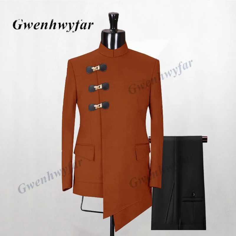 Мужские костюмы Gwenhwyfar с кожаной пряжкой темно-Оранжевая Куртка неправильной