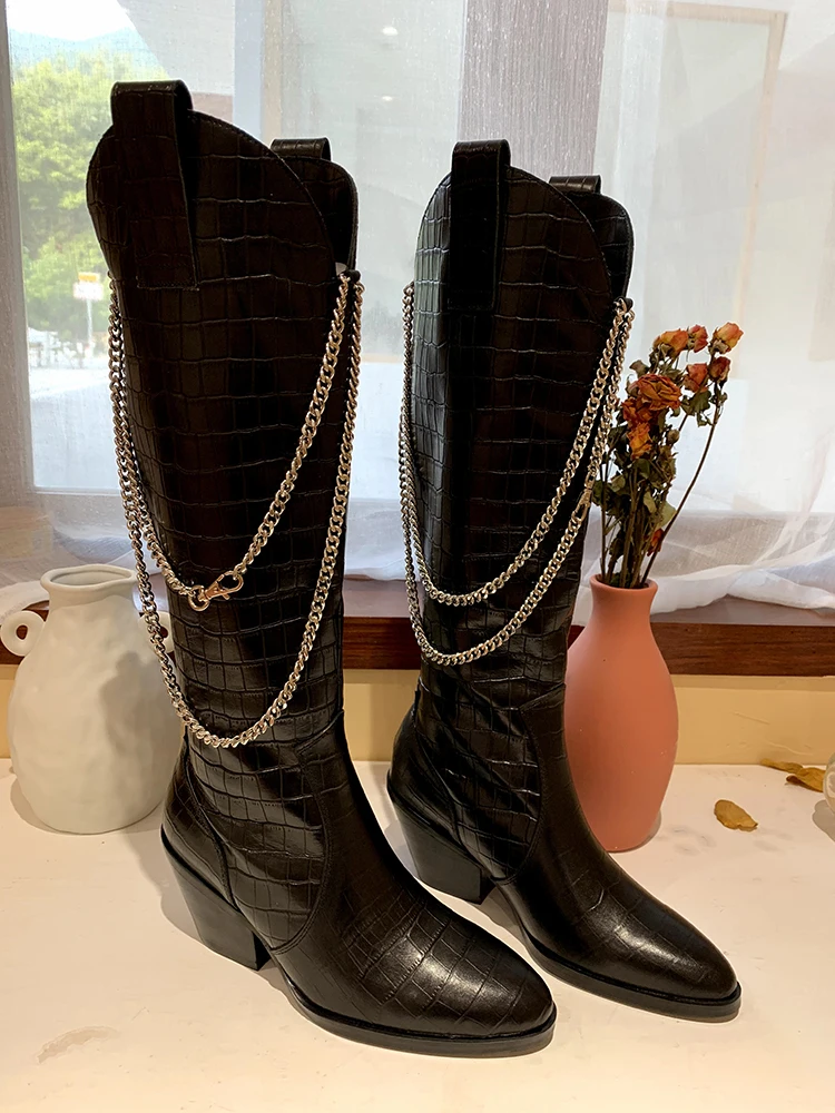 

Женские сапоги до колена, с острым носком, с металлической цепочкой, в клетку, обувь из натуральной кожи B222