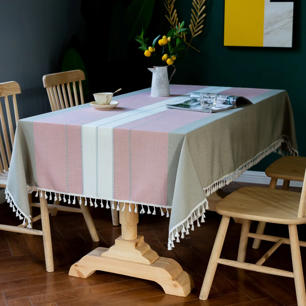 

Striped tablecloth party dinner cotton and linen tablecloth with tassel home European-style table cover