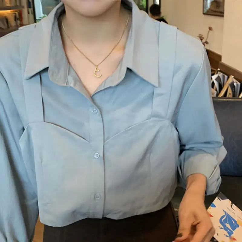 

XITAO Patchwork Casual Shirt Women Fake Two Piece Trendy Fashion New Style Turn Down Collar Long Sleeve Elegant Minority ZY4468