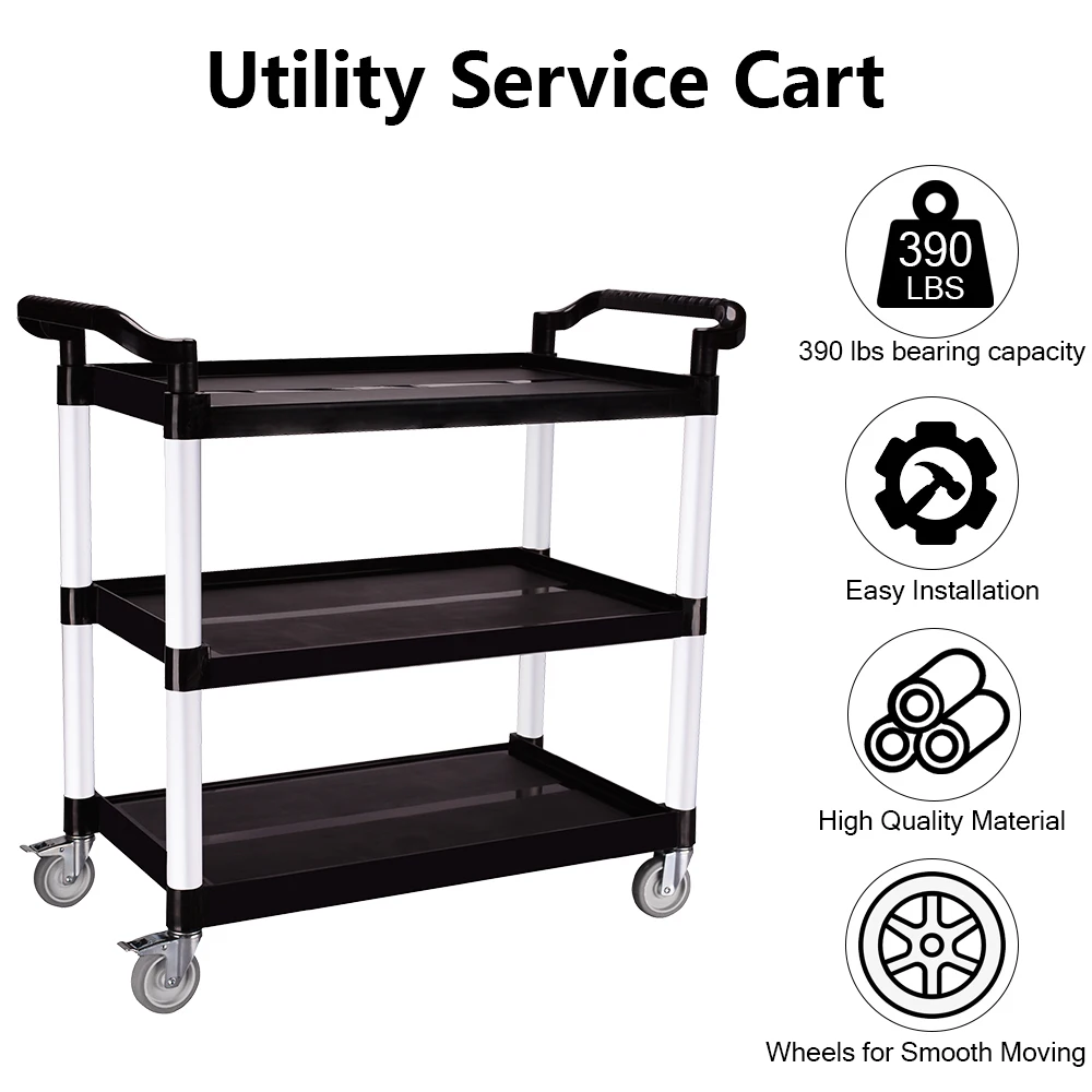 3-shelf Rolling Service / Utility / Push Cart, 390 Lbs. Capa