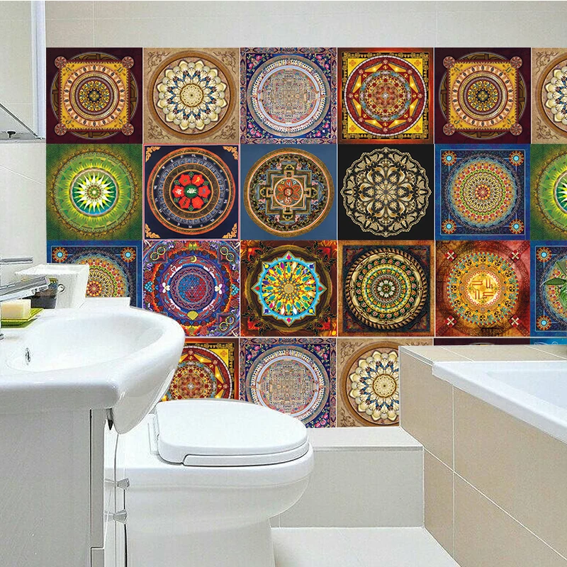 

Mandala Style Mosaic Tile Stickers 3D Waterproof Mural Decal Bathroom Decor DIY Adhesive for Living Room Kitchen Retro Wall PVC