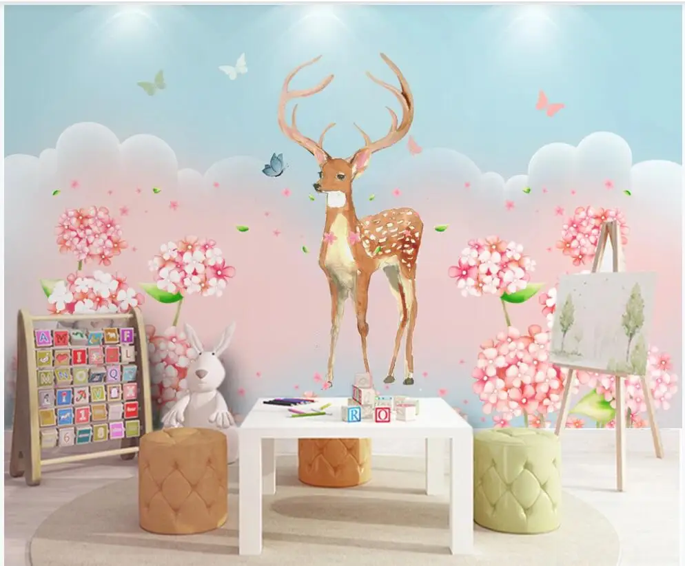 3d обои на заказ с изображением мультяшного оленя акварелью цветка ручная роспись