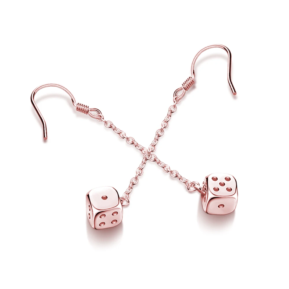 

New girl Fashion 925 Silver Stud Earrings Material Rose Gold Dice Pendant Long Earrings Flat Women Jewelry Hot Sale