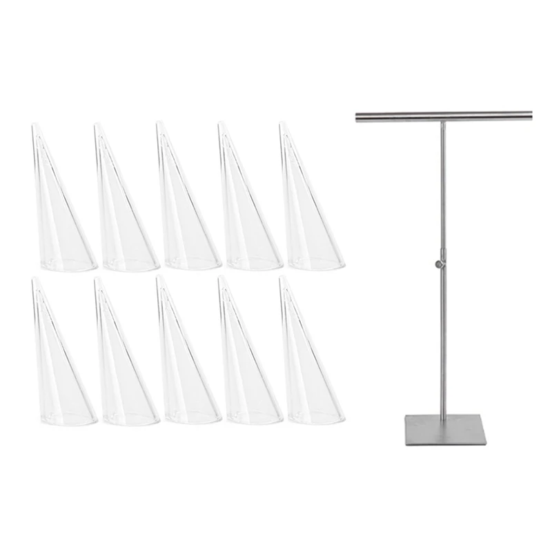 

1x держатель из нержавеющей стали 57 см и 10x акриловое кольцо на палец пластиковая трехугловая конусная Подставка для ювелирных изделий прозр...