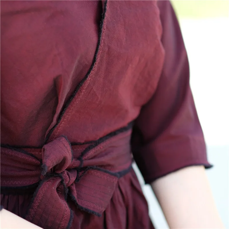 Origional Summer Cotton Linen Vintage Cotton V-neck Belt Small Loose Dress