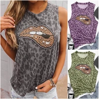 fashion leopard print background lip print t shirt women casual loose vest summer hot sale