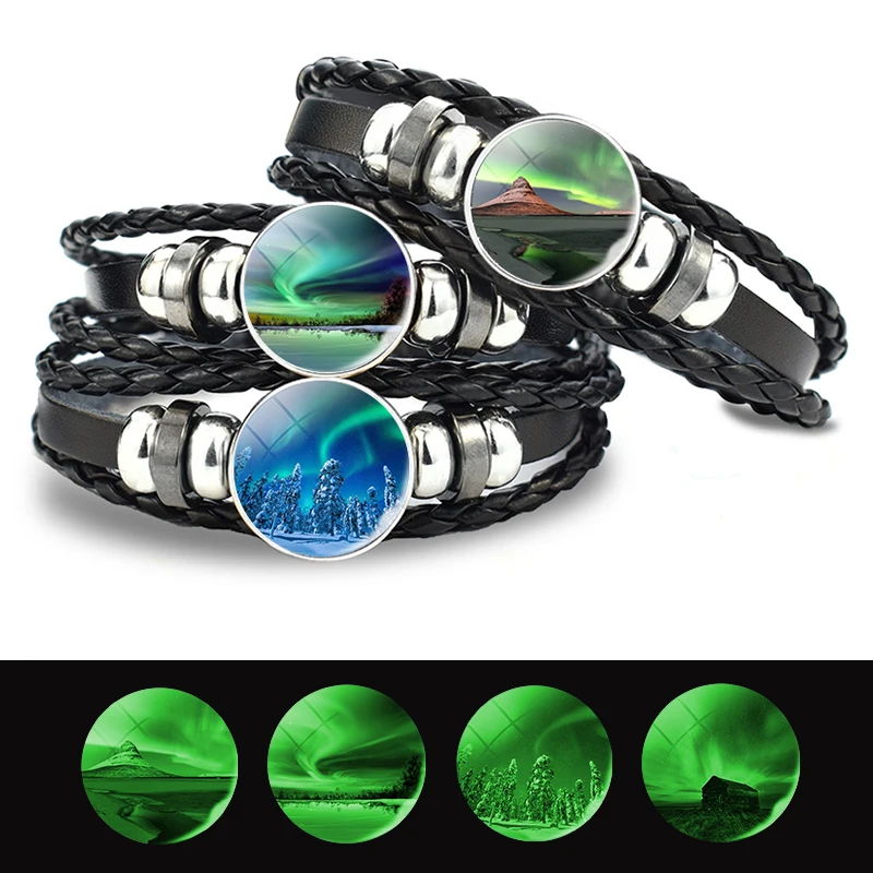 

Northern Lights Black Braided Leather Bracelet Men Luminous Button Bracelet Glow In The Dark Astronomy Lover Gifts