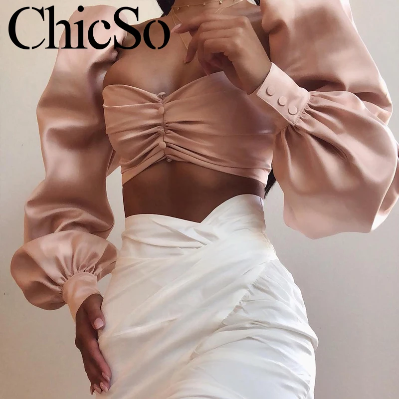 Женский короткий топ MissyChilli с длинным рукавом фонариком открытой спинкой