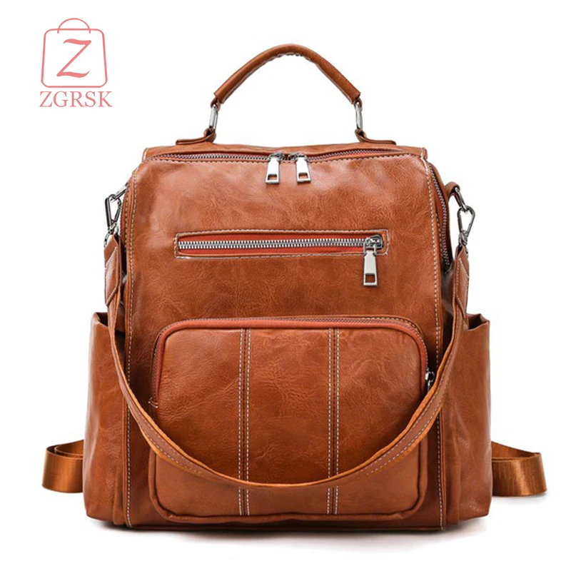 

High Quality Oil Wax PU Leather Women Backpacks Fashion Large Capacity Ladies Backpack Multi-pocket Female Knapsack School Bags