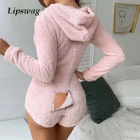 women long sleeve zipper hooded jumpsuit sexy hollow out buttoned flap playsuits pajamas lady spring fleece soft homewear romper