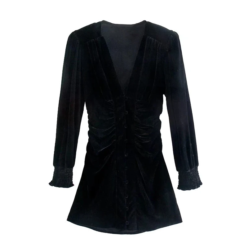 

YENKYE Women Vintage Black Short Velvet Dress Ladies Long Sleeve V Neck Side Pleats Winter Dress