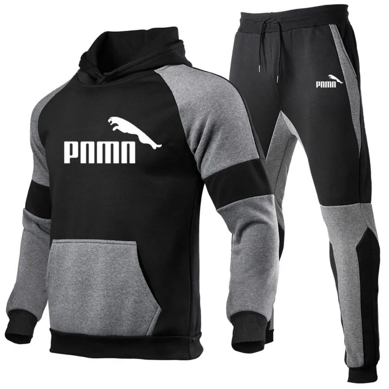 

New Autumn Winter Plush Men's Sportswear Printed Casual Pullover Hooded Tracksuit Men Homme Track Suit Two Piece Set Streetwear
