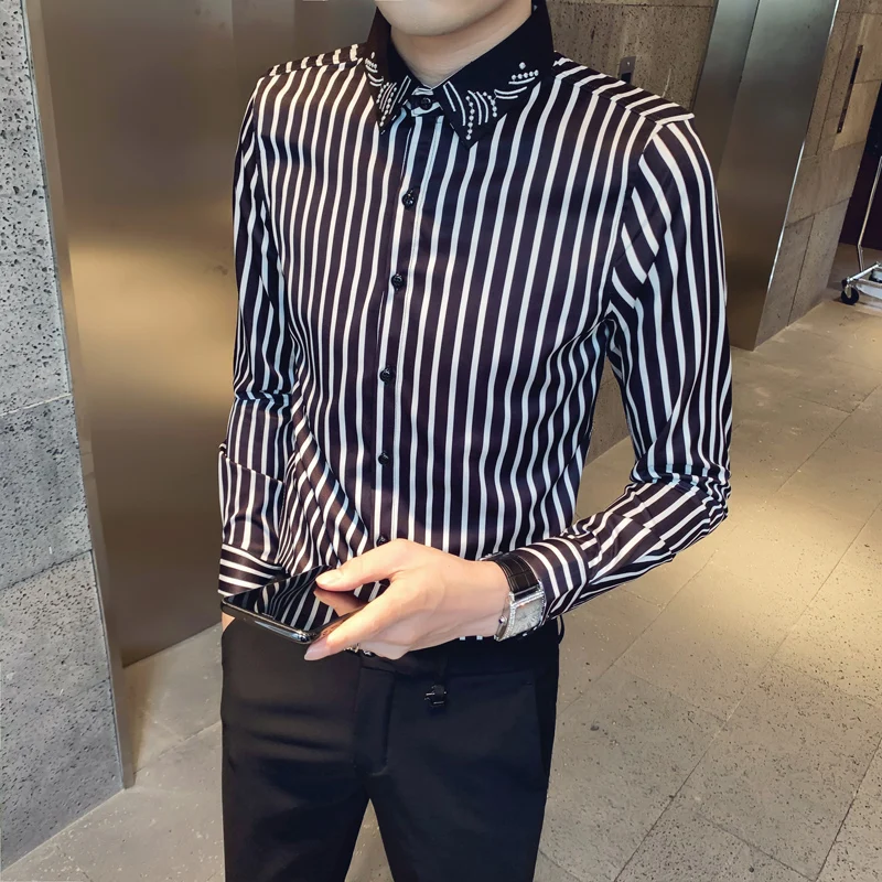 

Fashion Striped Men Shirts Slim Fit Business Dress Casual Shirt Long Sleeve Streetwear Social Party Blouse Camisa Masculina 2020