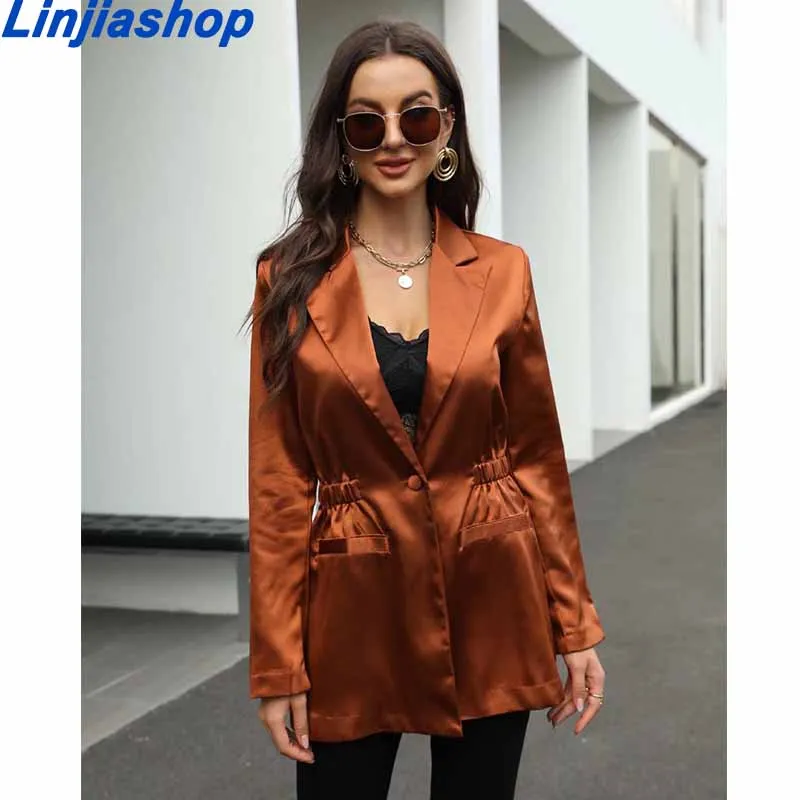 

Women Solid Blazer Coat Waist Adjust Vintage Notched Collar Pocket 2021 Fashion Female Casual Chic Tops