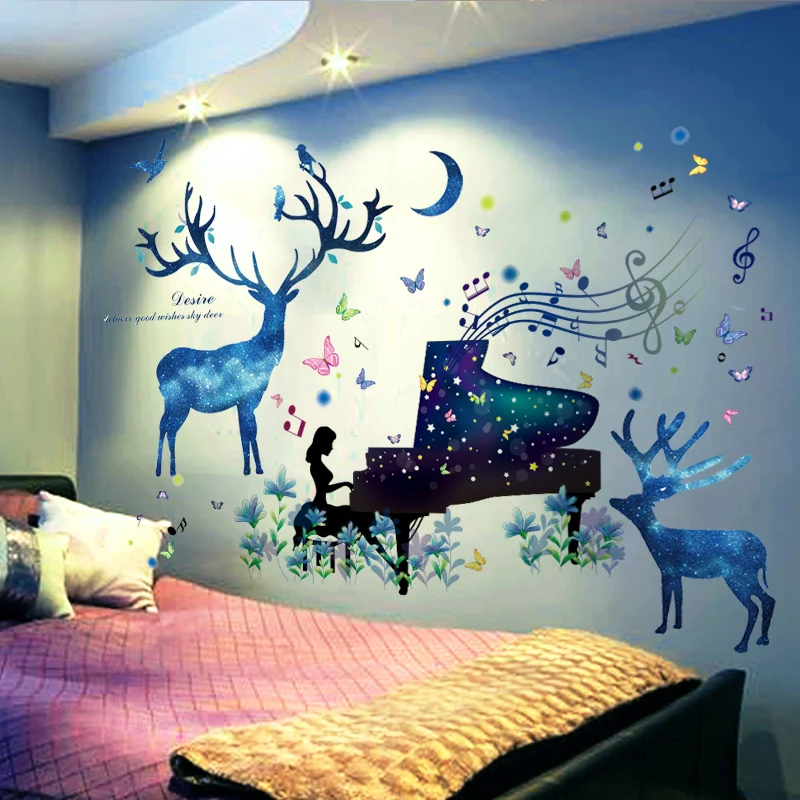 

[shijuekongjian] Piano Girl Wall Stickers DIY Deers Animal Mural Decals for House Baby Room Kids Bedroom Nursery Decoration