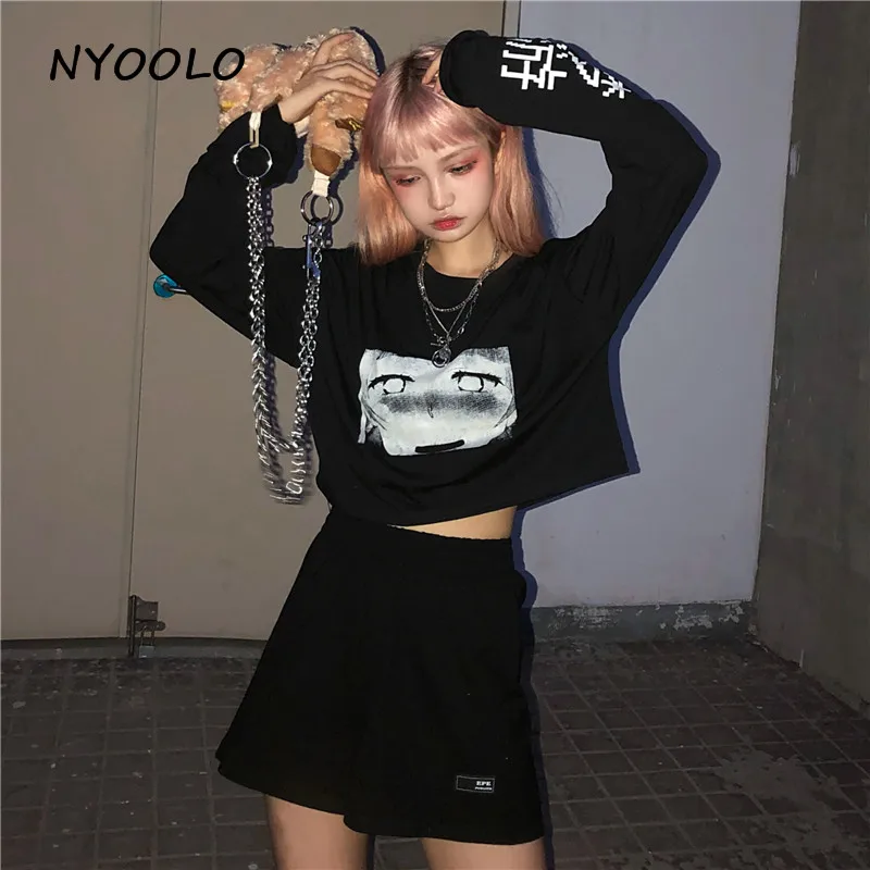 NYOOLO Harajuku стиль хип-хоп мультфильм девушка письмо с узором короткая футболка рубашка Осень Свободный длинный рукав футболка женская одежда Топ Футболка