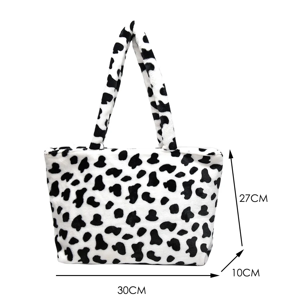 

Autumn Fashion Cow Print Shoulder Bags Plush Totes Large Capacity Handbags Shopping Bag Warm Zipper Armpit Bag Street Party Bags