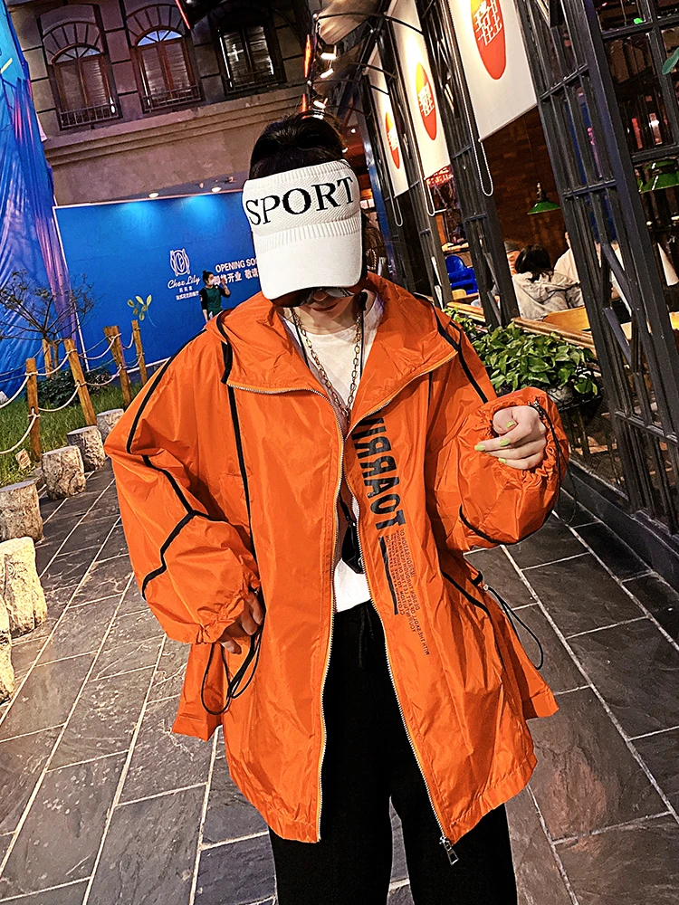 

Spring autumn trench coat women new zipper streetwear overcoat oversized loose hooded coat ladies letter print trenchcoat female