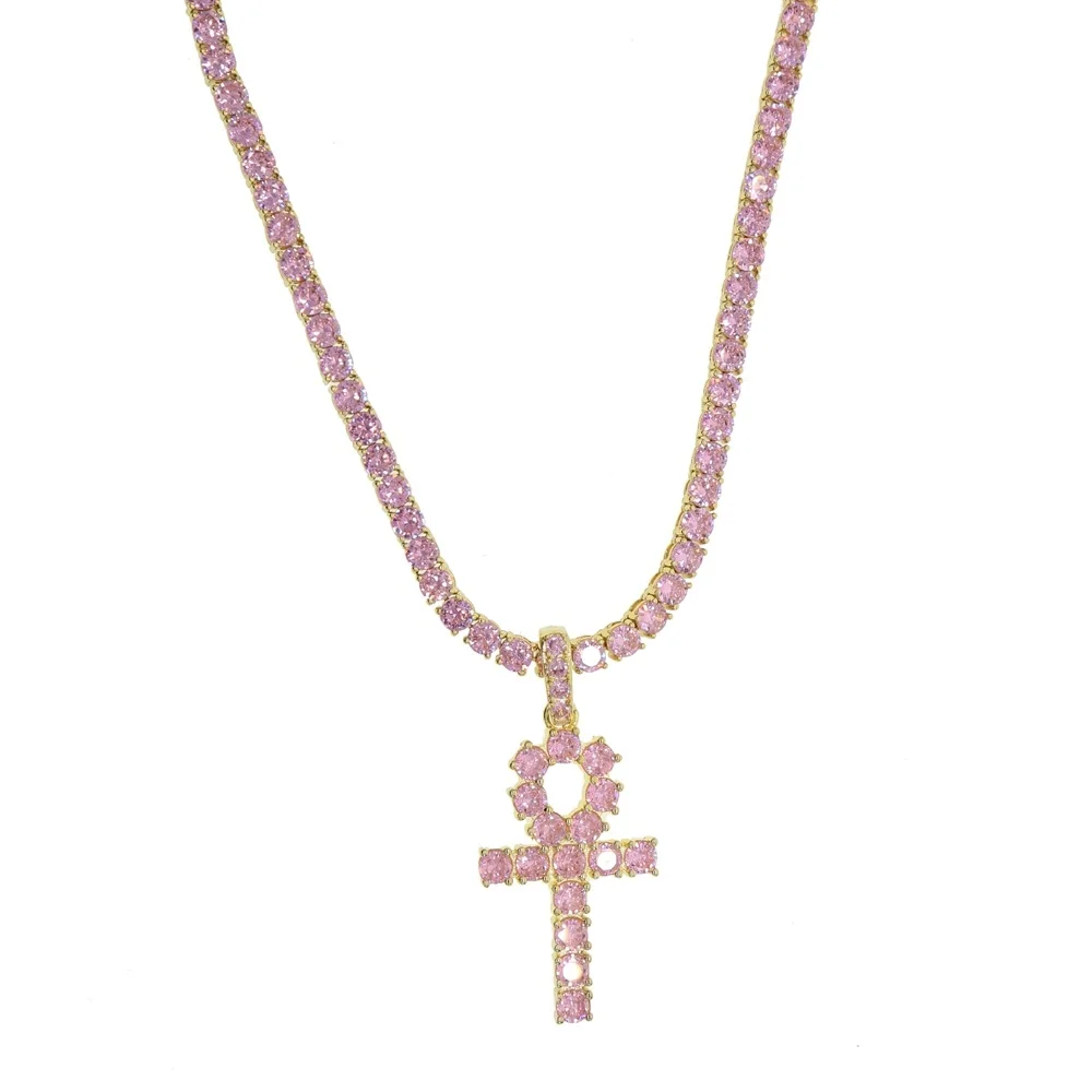 gold sets Для мужчин wo для мужчин BLING KING Ankh крест кулон розовый Iced кубический цирконий 5 мм cz камни золотой цвет ожерелье цветные хип хоп ювелирные изделия - Окраска металла: gold sets