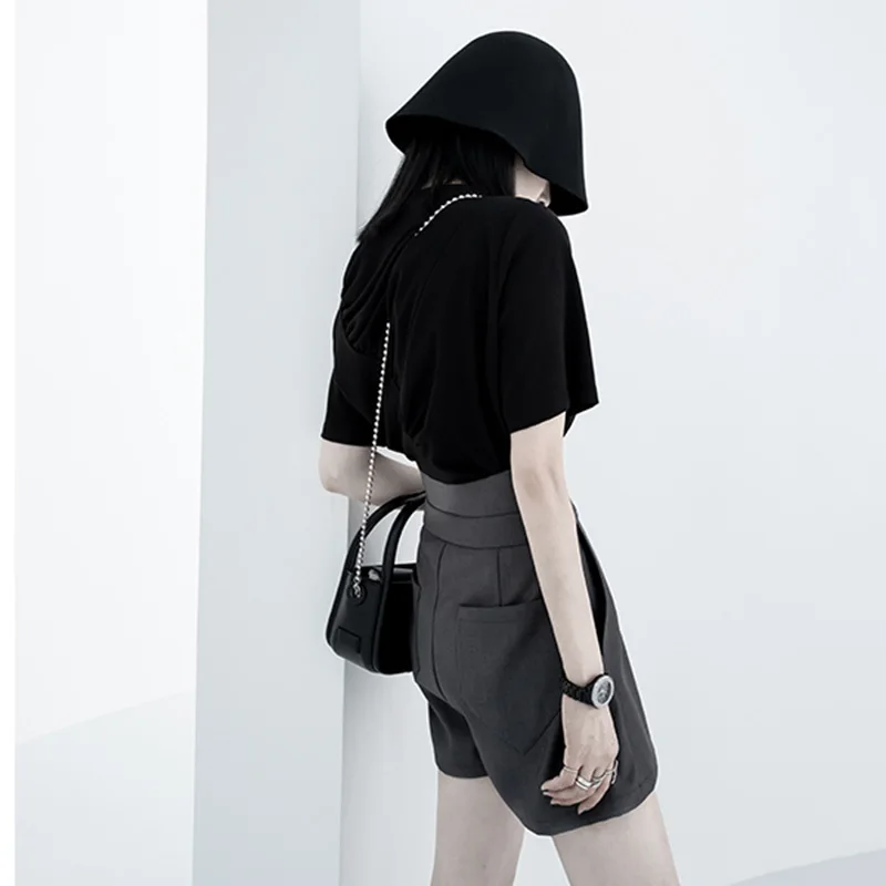 

[EAM] Women White Pleated Irregular Slit Casual T-shirt New Round Neck Short Sleeve Fashion Tide Spring Summer 2021 1DE0081