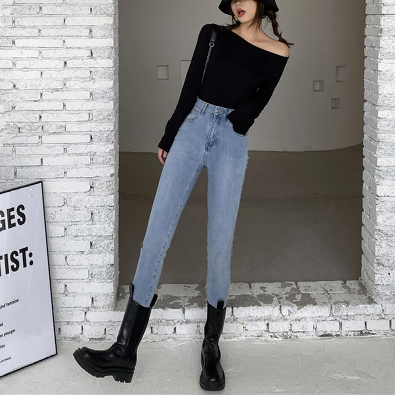 Женские винтажные растягивающиеся джинсы-карандаш с высокой талией 2021 пуговиц