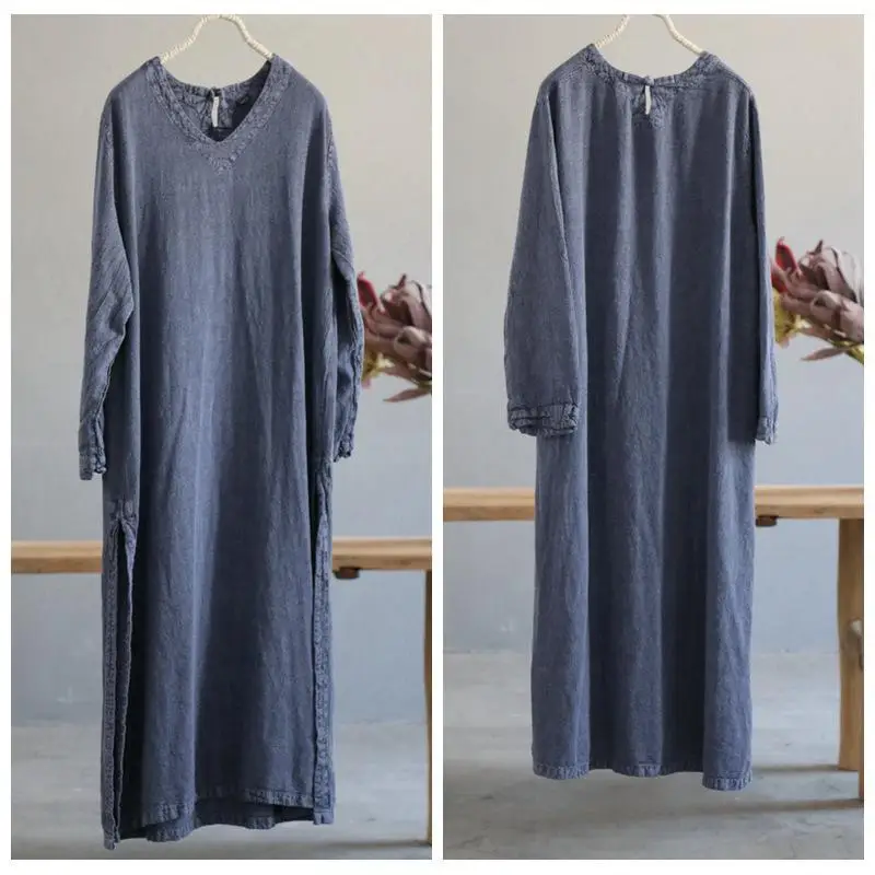 Осеннее платье в стиле ретро с длинным рукавом и v образным вырезом однотонное