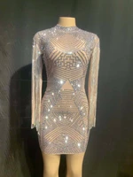 women sexy transparent silver rhinestones dress mesh see through one piece crystals fringes dress birthday celebrate costume