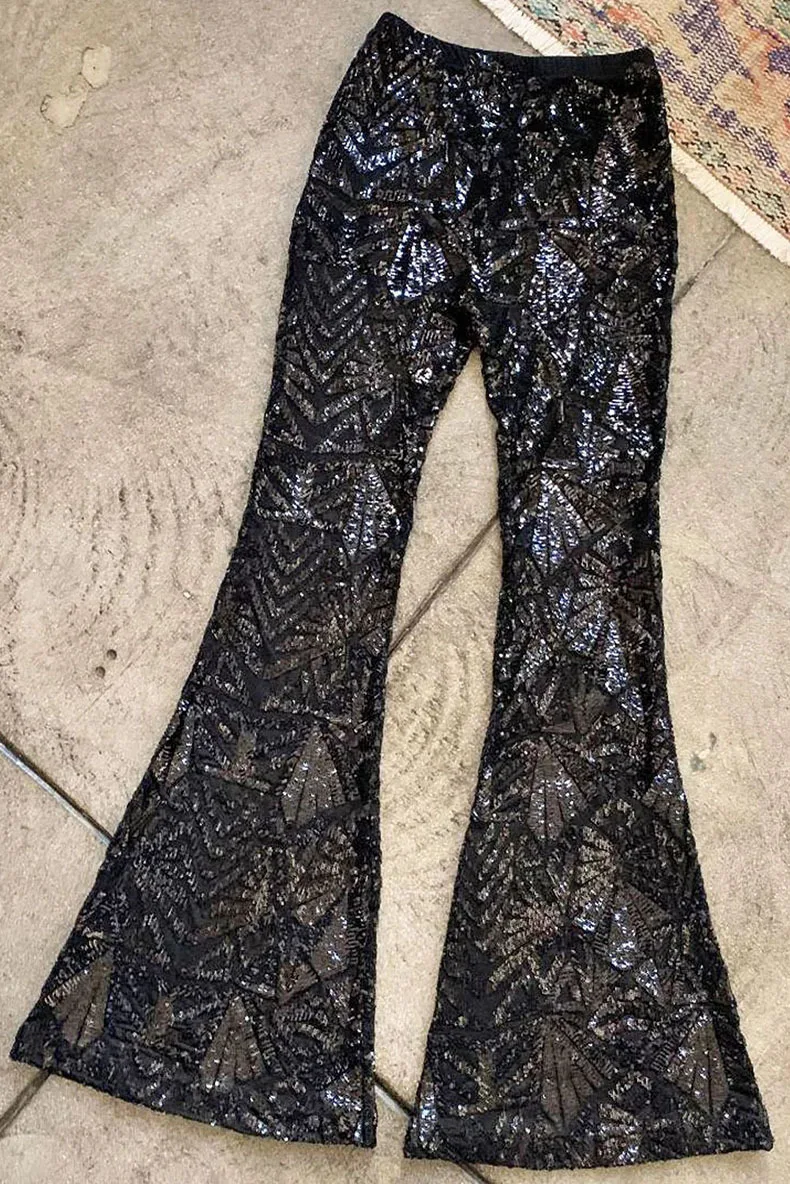 Женские брюки с блестками широкие расклешенные высокой талией вечерние