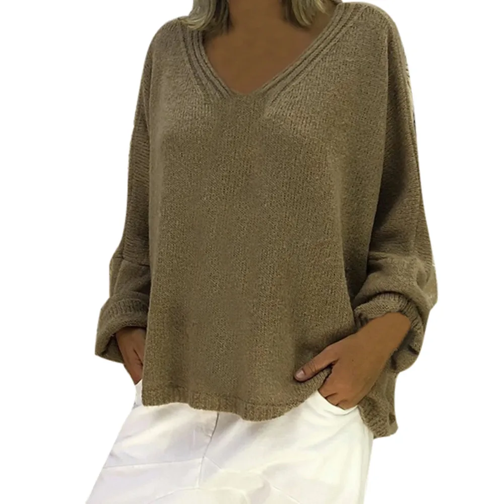 Женский свитер большого размера с глубоким v-образным вырезом и длинными