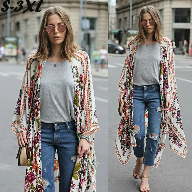 Модная одежда Бохо Винтаж Женщины Цветочные Свободные шаль кимоно шифон пальто