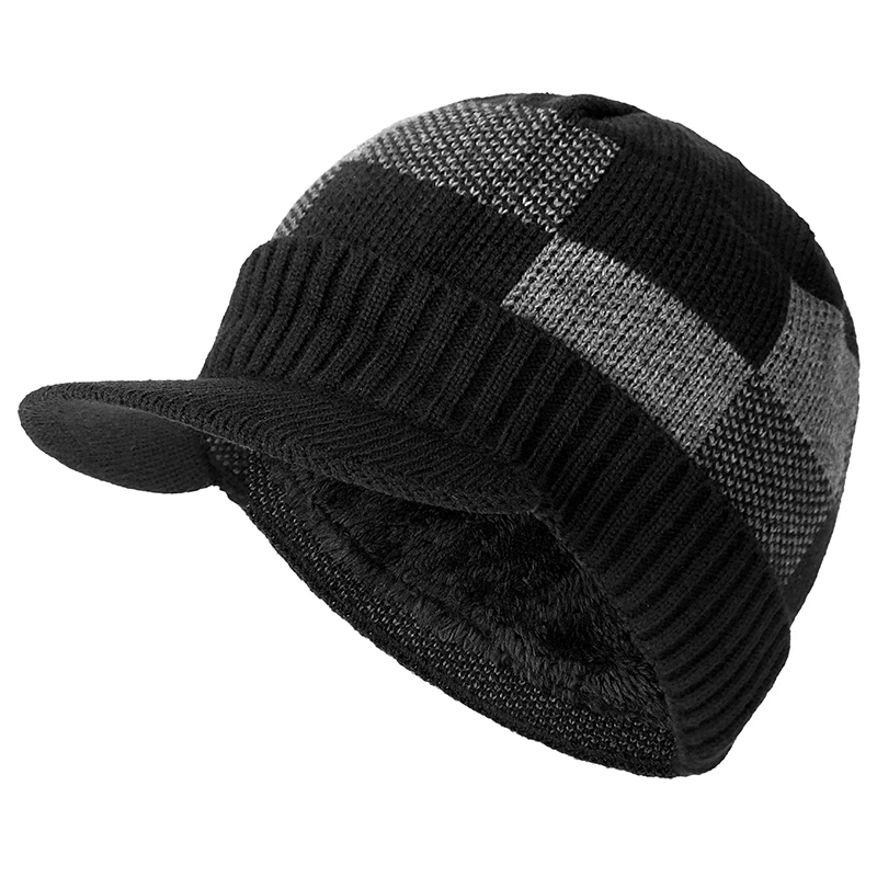 Высококачественные хлопковые зимние шапки с меховыми полями Skullies Beanies, шапка для мужчин и женщин, шерстяные шапки, маска Gorras Bonnet, вязаная шапка - Цвет: black