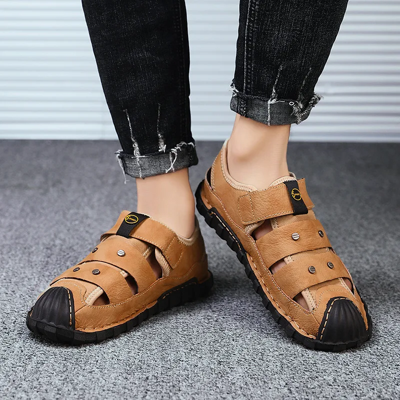 

New Summer Sandals Men Leather Breathable Outdoor Beach Sandals Comfortable Fashion Mens Rubber Flip Flops Shoes Big Size 39-48