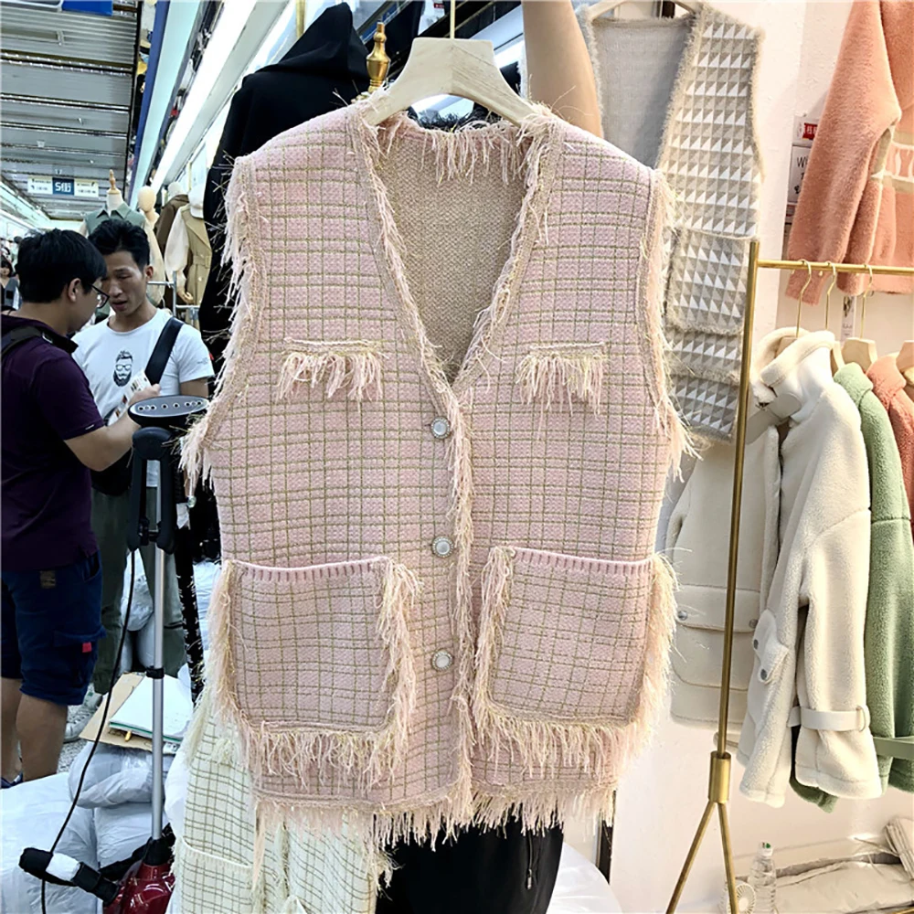 

YUANYUANJYCO autumn plaid tassel sleeveless cardigan women fashion streetwear green black white pink sweater woman sweaters 2020