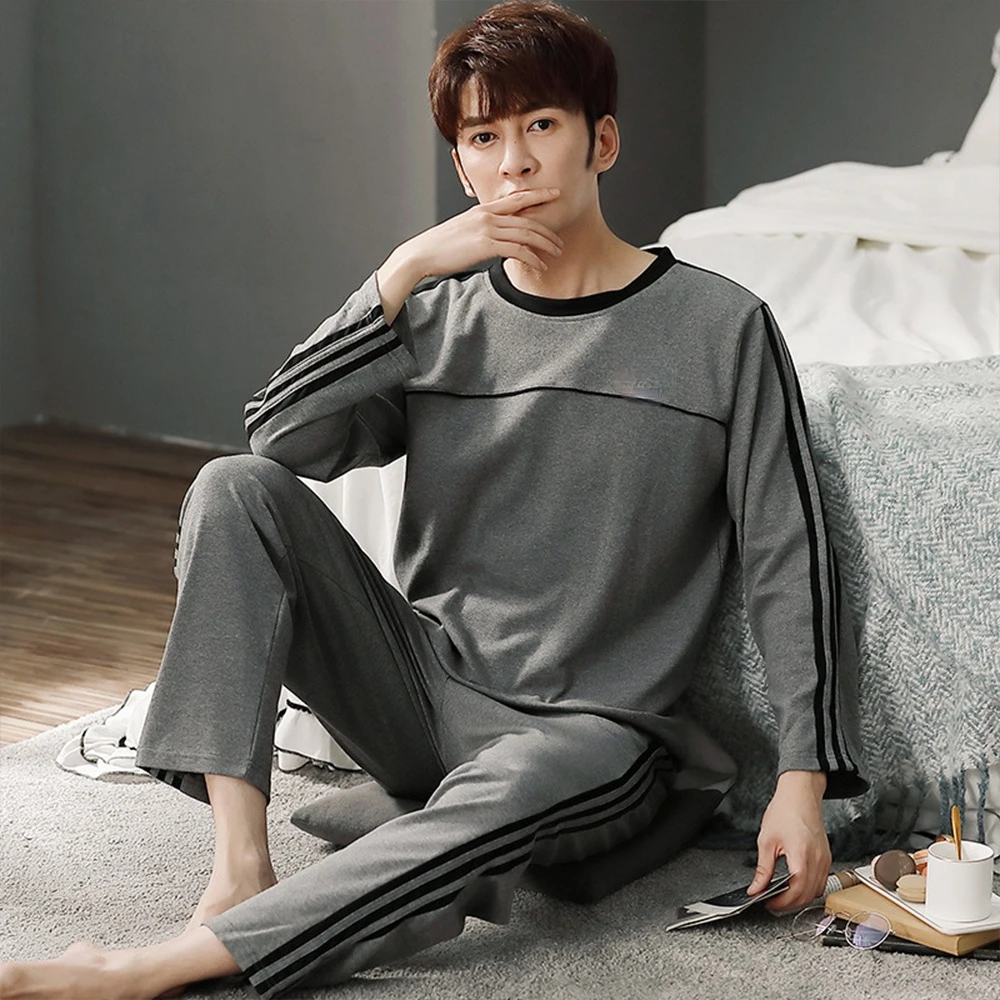 

Autumn Winter Men Cotton Pajamas Set Fashion Casual Striped Patchwork Sleepwear Suit Home Clothes Loose Home Wear Plus Size 4XL