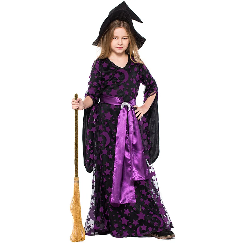 

Girls Halloween Witch Cosplay Costume Purple Star Moon Printed Witch Dress Cute Beautiful Dresses for girls Set Costume only