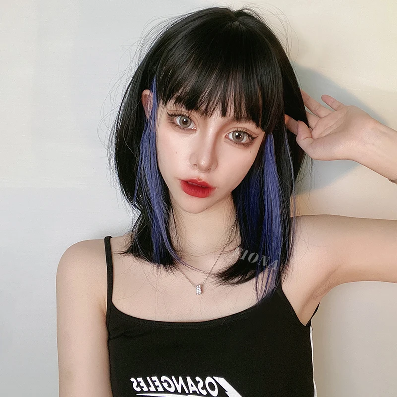 

MAWEI Short straight hair synthetic wig Gray blue wig female Cosplay medium natural hair high temperature fiber wig