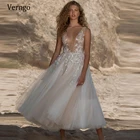 Пикантное Тюлевое Короткое свадебное платье Verngo с глубоким V-образным вырезом и нежными объемными цветами, пышная юбка длиной ниже колена, свадебные платья 2021