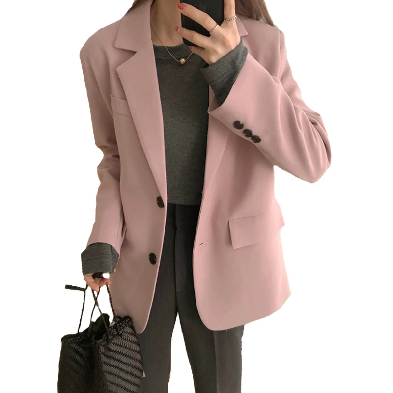 Женский Шикарный Розовый свободный пиджак Блейзер однобортная офисная одежда с