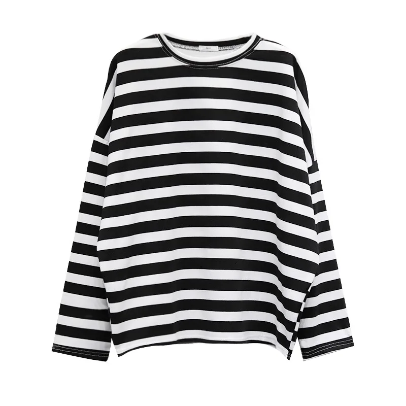 

Striped Round Neck Long Sleeve T shirt Women Spring Summer Casual Loose Fit Korean Clothes Minimalist Tee Shirt Femme