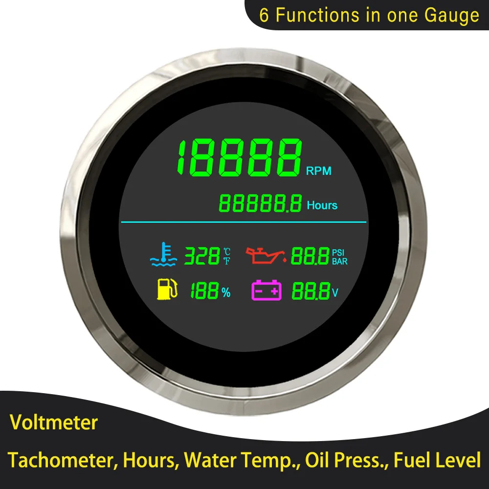 Тахометр 6 в 1 водонепроницаемый 85 мм ЖК-дисплей 0-19999 ОБ/мин