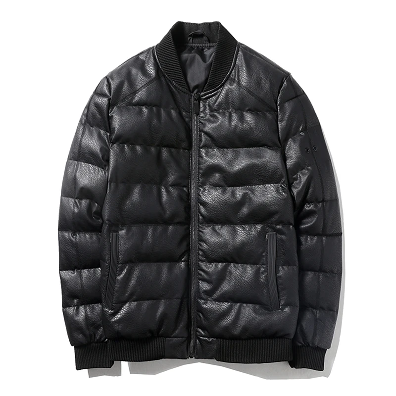 Мужской черный пуховик YASUGUOJI из искусственной кожи зимнее утепленное короткое