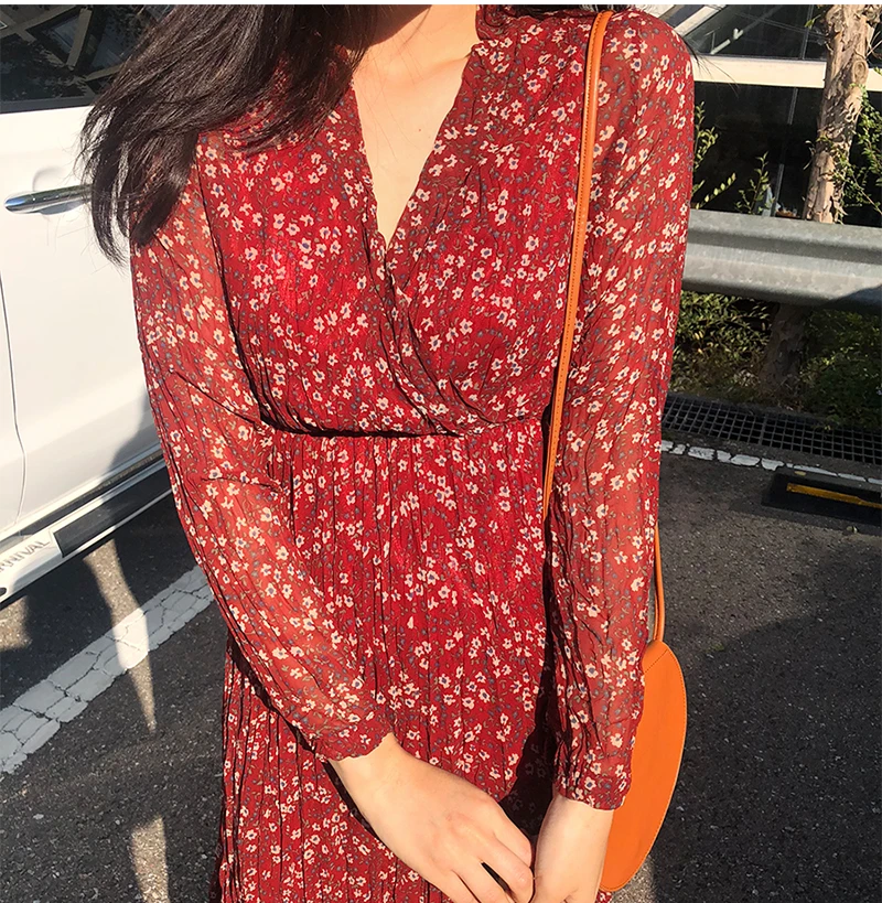 

GOOHOJIO New Summer Women Dresses V-Neck Print Floral High Waist Vintage Pleated Casual Fashionable Chiffon Red Long Dresses