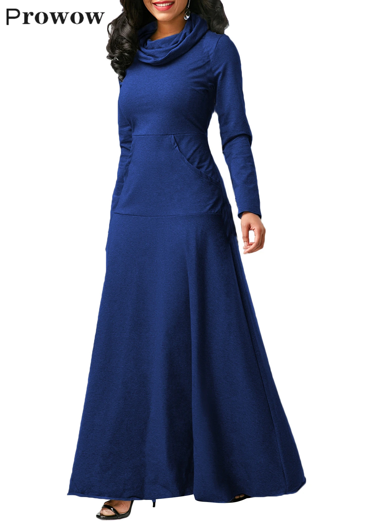 

Prowow Solid Maxi Dress Autumn Winter Casual Women Plus Size Warm Long Dress Long Sleeve Female Turtleneck Elegant Dresses 5XL