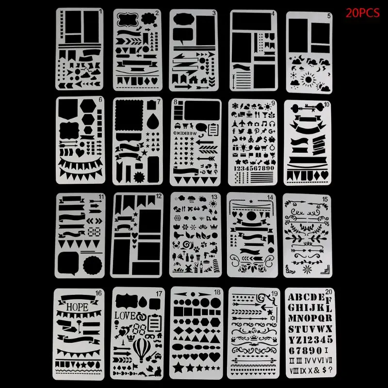20Pcs Bullet Journal Stencil Set Plastic Planner DIY Drawing Template Diary Decor Craft